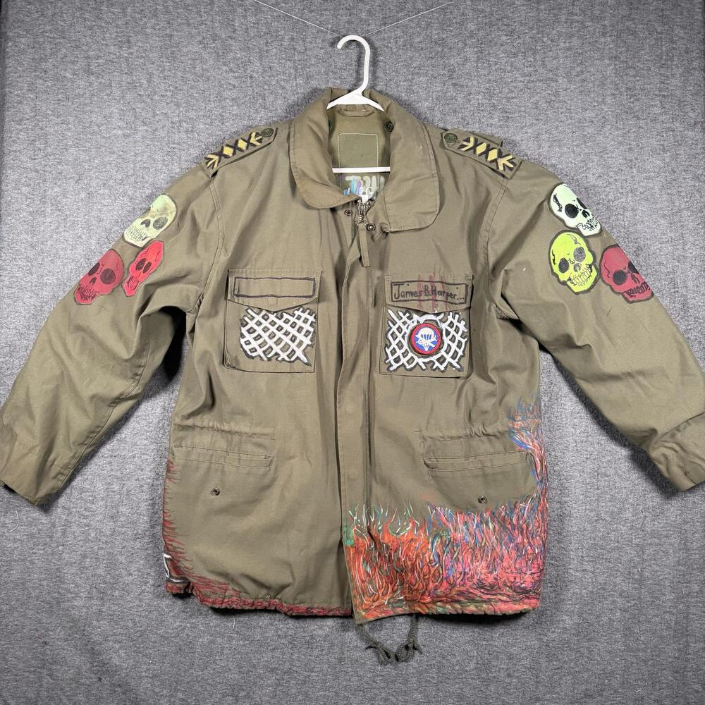 OOAK Hand Painted Military Field Jacket Skull Outsider Art Punk Gothic Web